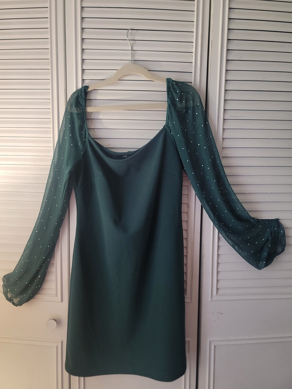 Jump Emerald Mini Dress with Sheer Embellished Sleeves